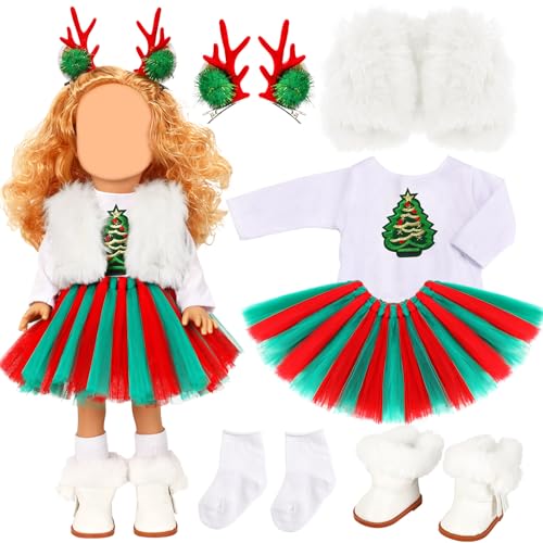 UPINS Christmas 18 Inches Doll Clothes and Accessories Winter Doll Outfits Set Christmas Deer Costume Includes Tutu Dress Vest TShirt Shoes Hairpin Socks for 18 Inch Doll Girls Gifts - Image 1