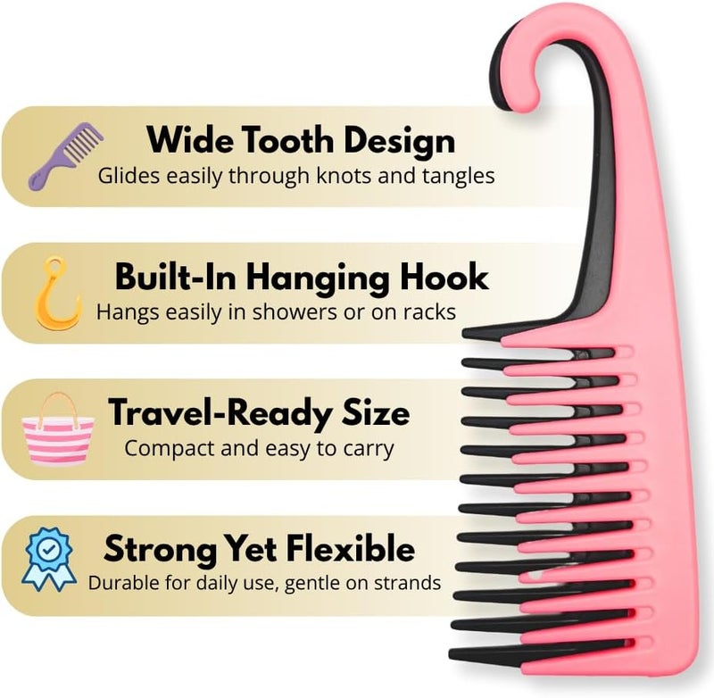 Glitters Wide Tooth Shower Comb with Hook, 2 Pack - Pink and Black - Image 3