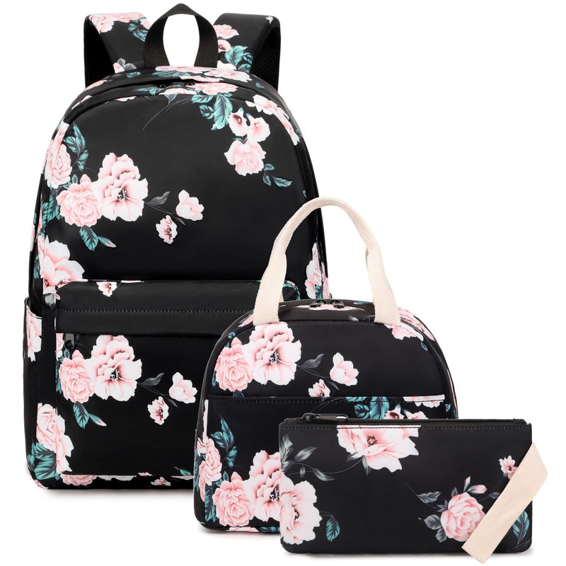 Kouxunt Floral Girls School Backpacks for Kids Teens 3in1 School Bag Bookbags Set with Lunch Bag Pencil Case - Image 2