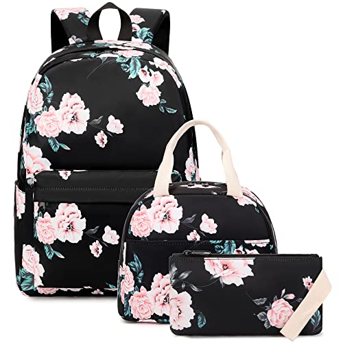 Kouxunt Floral Girls School Backpacks for Kids Teens 3in1 School Bag Bookbags Set with Lunch Bag Pencil Case - Image 1