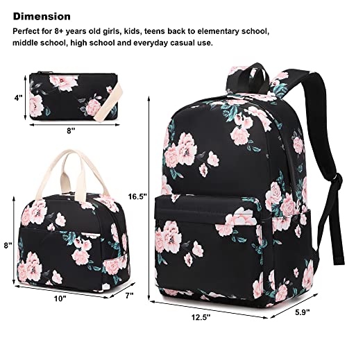 Kouxunt Floral Girls School Backpacks for Kids Teens 3in1 School Bag Bookbags Set with Lunch Bag Pencil Case - Image 3