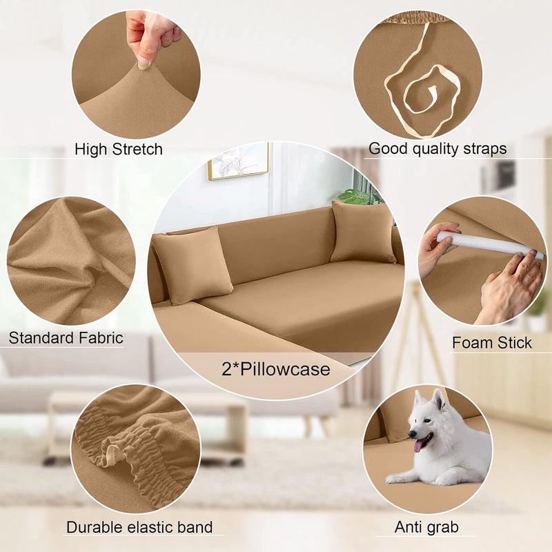 NAISI Couch Cover L Shape 2 Pieces Sofa Cover Soft Stretch Slipcovers with 2pcs Pillowcases Furniture Protector Sectional Couch Covers 3 Seater + 3 Seater(Camel) - Image 3