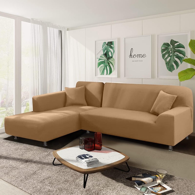 NAISI Couch Cover L Shape 2 Pieces Sofa Cover Soft Stretch Slipcovers with 2pcs Pillowcases Furniture Protector Sectional Couch Covers 3 Seater + 3 Seater(Camel) - Image 2
