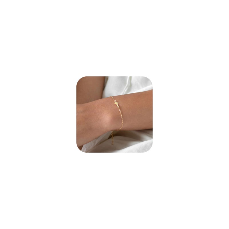 Tewiky Gold Bracelets for Women, 14k Gold Cross Bracelet Dainty Gold Bracelet Simple Cute Bracelets Tiny Faith Protection Cross Bracelets Charm Gold Jewelry Baptism Gifts for Women - Image 1