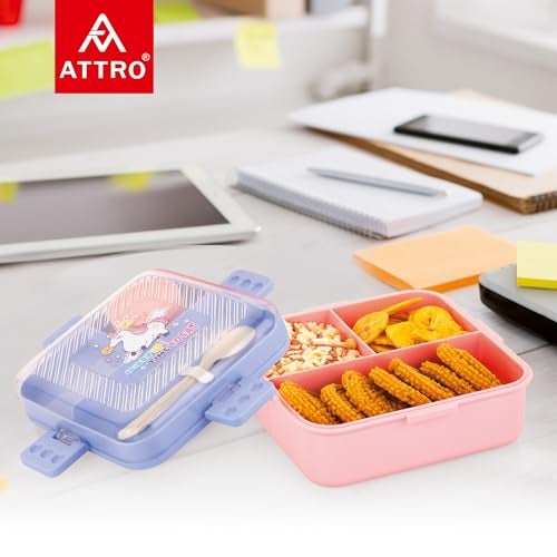 ATTRO My Lunch 2 Layer Plastic Lunch Box Comes with Fun Unicorn Print, 1 Detachable Tray, 1 Small Container & 1 Spoon Ideal for Kids BPA Free 1590ml+70ml- Lilac - Image 4