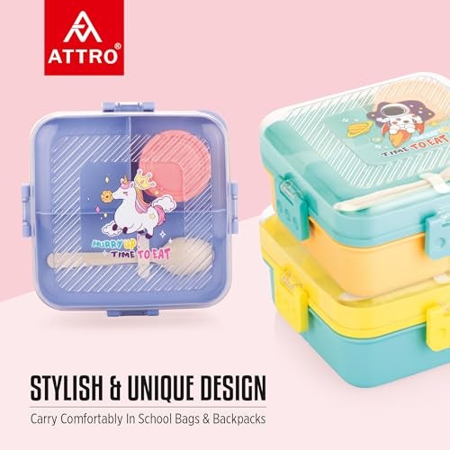 ATTRO My Lunch 2 Layer Plastic Lunch Box Comes with Fun Unicorn Print, 1 Detachable Tray, 1 Small Container & 1 Spoon Ideal for Kids BPA Free 1590ml+70ml- Lilac - Image 3