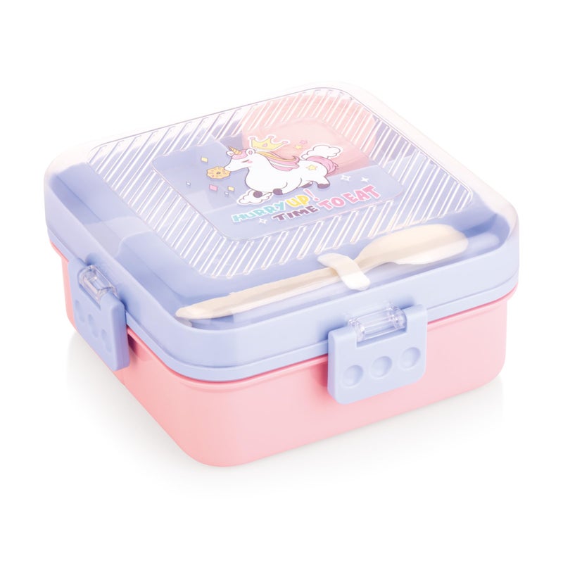 ATTRO My Lunch 2 Layer Plastic Lunch Box Comes with Fun Unicorn Print, 1 Detachable Tray, 1 Small Container & 1 Spoon Ideal for Kids BPA Free 1590ml+70ml- Lilac - Image 2