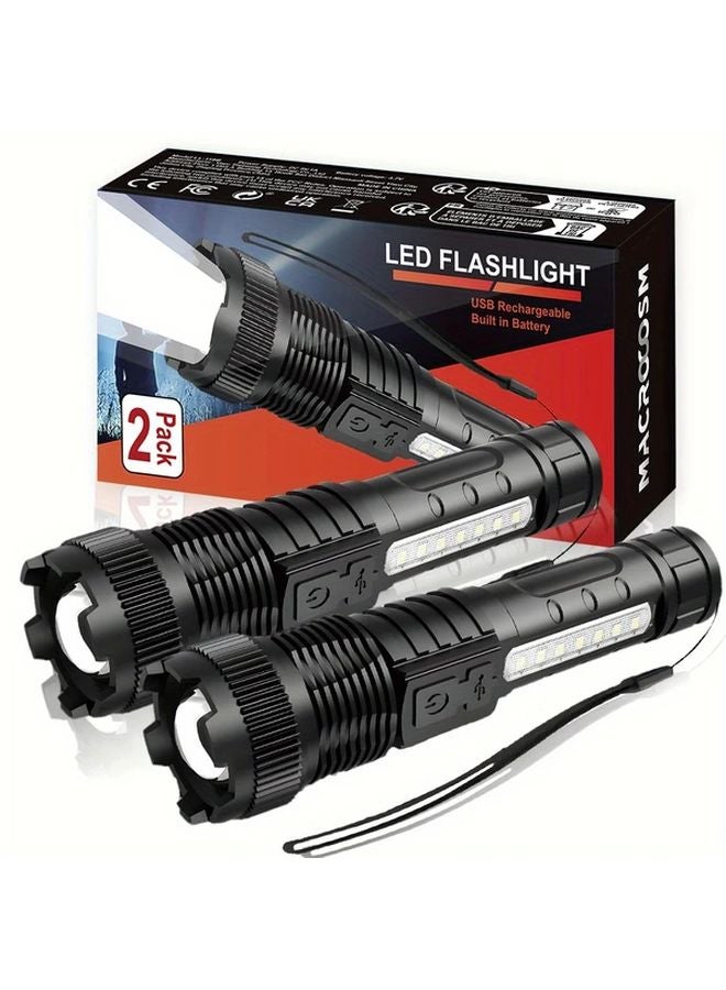 2pcs Black Rechargeable LED Flashlight High Brightness 5 Modes Zoomable Beam IP44 Outdoor - Image 2