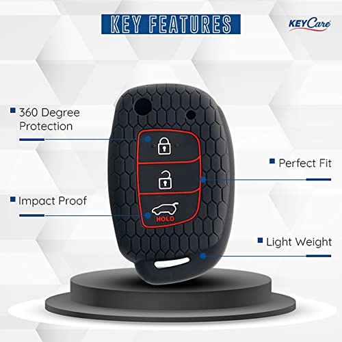 keyzone Keycare Compatible Silicone Key Cover for Venue, Aura, Elite i20, Active i20, Xcent 3 Button flip Key with KC Mini RB Keyring (KC10 Black with KC Mini RB Keyring) - Image 3