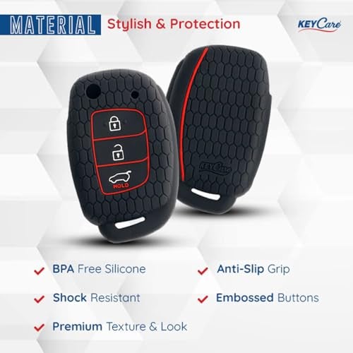 keyzone Keycare Compatible Silicone Key Cover for Venue, Aura, Elite i20, Active i20, Xcent 3 Button flip Key with KC Mini RB Keyring (KC10 Black with KC Mini RB Keyring) - Image 5