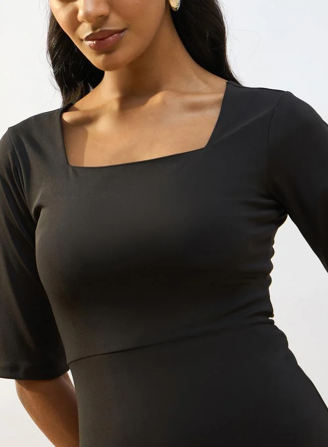 SASSAFRAS Sassafras Black Square Neck Knit Bodycon Midi Dress