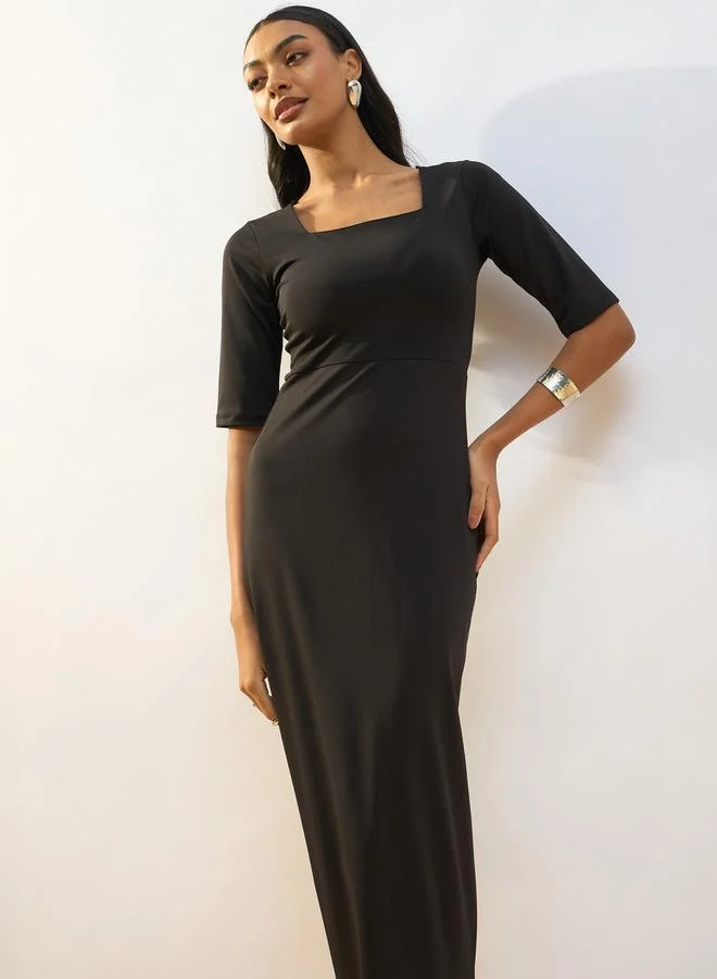 SASSAFRAS Sassafras Black Square Neck Knit Bodycon Midi Dress