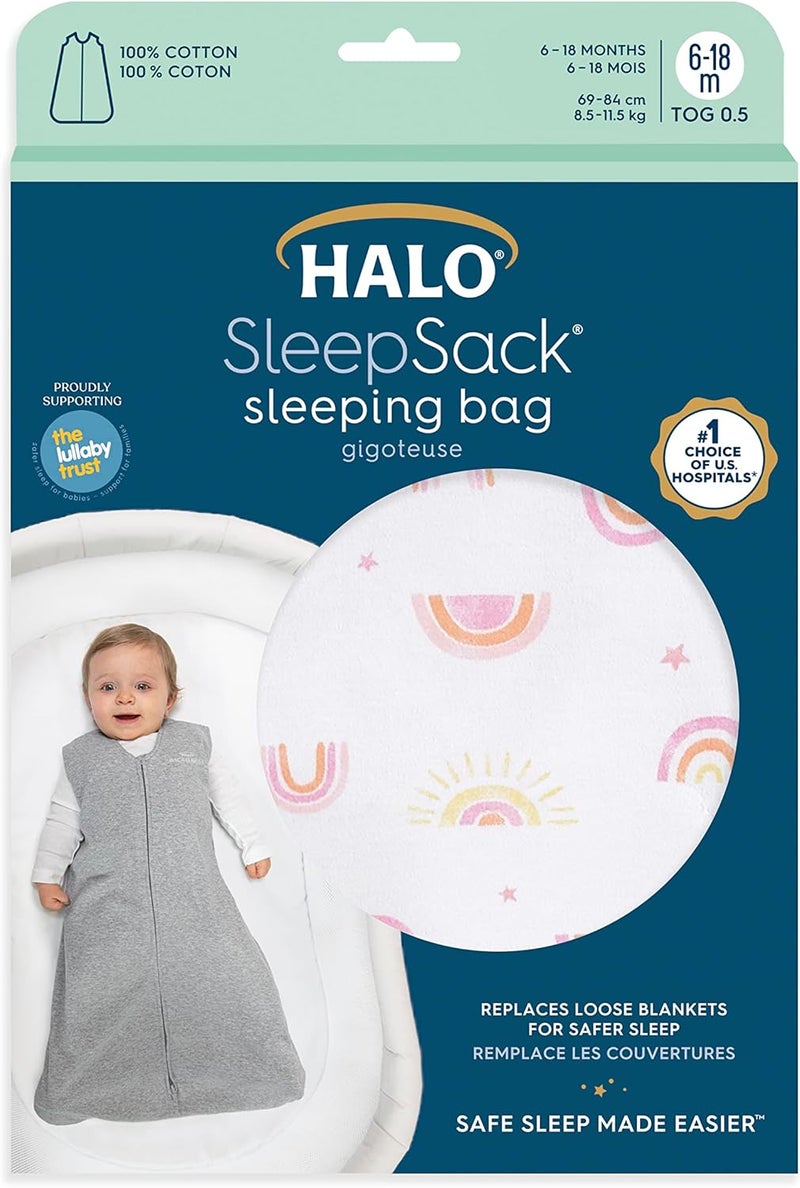 HALO® SleepSack® Sleeping Bag, 0.5 TOG 100% Cotton, Newborn Baby, Unisex for Boys and Girls, 0-6 Months, Sunshine Rainbows - Image 2