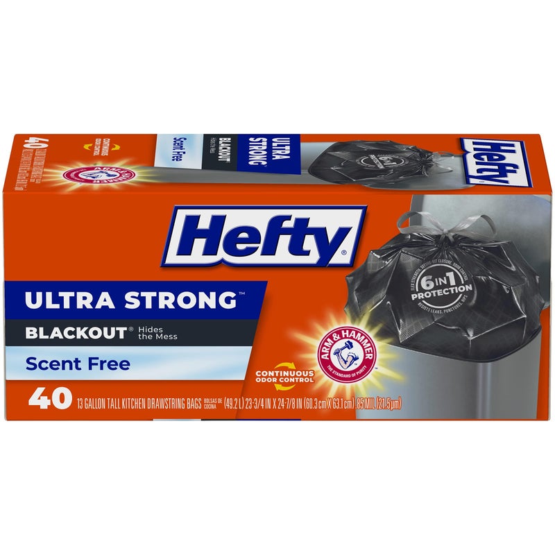 Hefty Ultra Strong 13 Gallon Trash Bags, Black Tall Kitchen Trash Bags 13 Gallon Size, Break Resistant Drawstring Enclosure, Continuous Odor Control, Blackout, Unscented, 40 Bags - Image 1