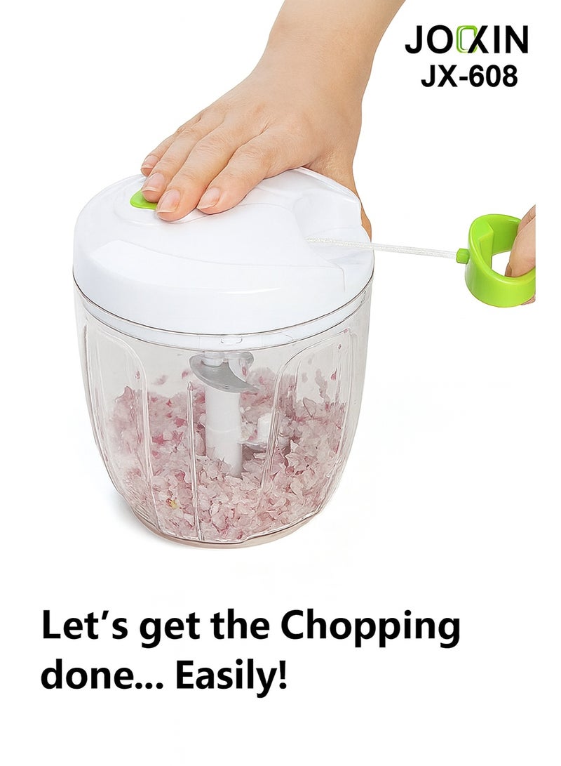 جوكسين قطاعة جوكسين سهلة الدوران JX-608 | مفرمة طعام يدوية بخمس شفرات حادة من الفولاذ المقاوم للصدأ | قطاعة خضراوات وبصل بلاستيكية واحدة | تصميم سهل الدوران سهل السحب - Image 1