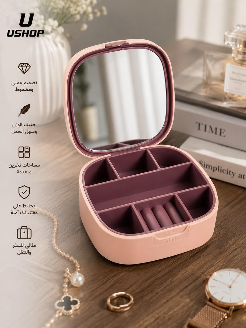 USHOP | Makeup Organizer & Accessories with Mirror & Lid, Multi-Compartment Storage Box for Jewelry, Toiletries, Travel & Daily Use, Pink - Image 3