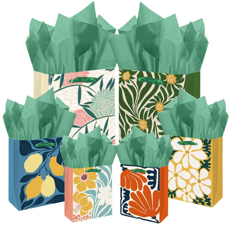 Qiqee Clash Flowers Gift Bags With Tissue Paper Mulit Assorted Sizes 10Pcs Present Party Favor Birthday Bags(2Pcs Large 13""  4Pcs Medium 9""  4Pcs Small 6"" 30Pcs Tissue Paper) - Image 1