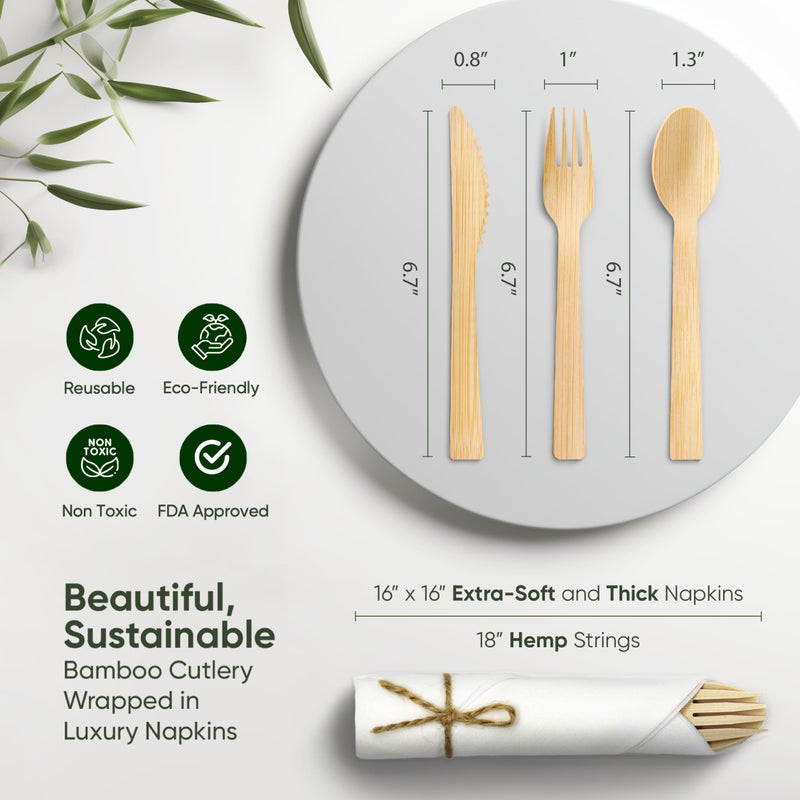 EcoPreps Premium Pre-Rolled Napkin and Bamboo Cutlery Set (30 Pack  120 PCS) 100% Biodegradable  Eco-Friendly  Disposable Wrapped Cutlery - Includes Pre-Wrapped Bamboo Forks  Knives  Spoons  & Napkins - Image 2
