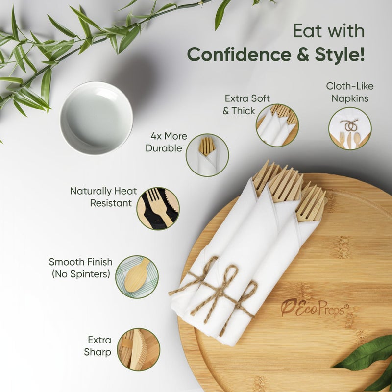 EcoPreps Premium Pre-Rolled Napkin and Bamboo Cutlery Set (30 Pack  120 PCS) 100% Biodegradable  Eco-Friendly  Disposable Wrapped Cutlery - Includes Pre-Wrapped Bamboo Forks  Knives  Spoons  & Napkins - Image 1