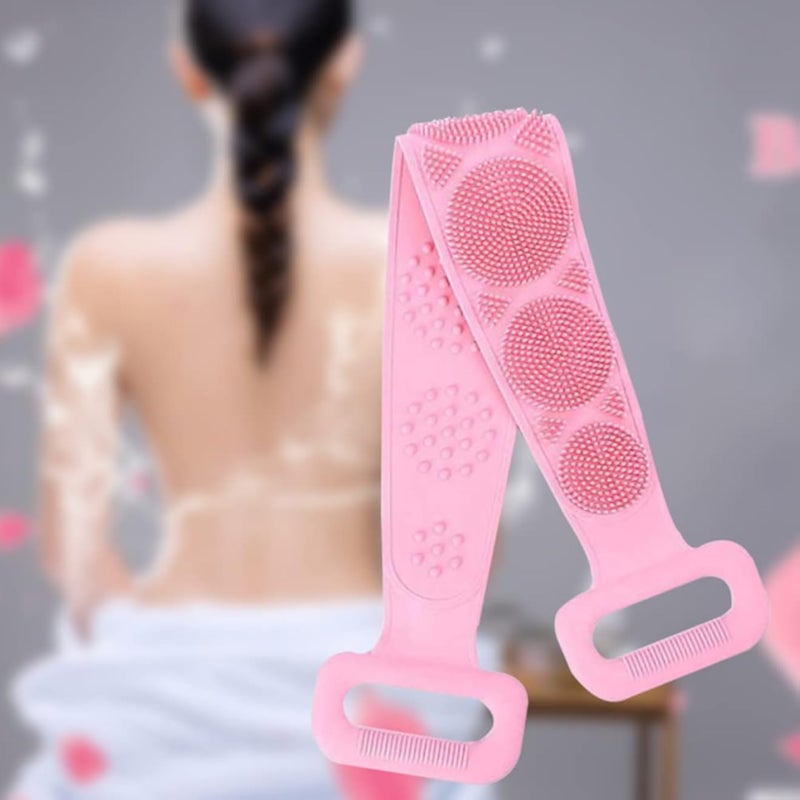 Gene Silicone Back Scrubber for Shower, Silicone Bath Body Brush Exploating Towel，Long Handle Back Washer Straps Deep Clean for Itchy Skin，Acne，Lather Well，Easy Dry (Pink)
