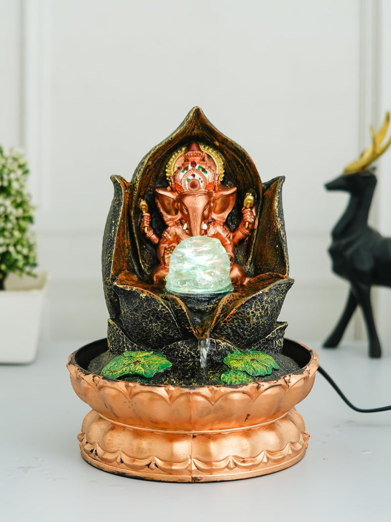 CHRONIKLE Golden Brown Polyresin Tabletop Lord Ganesha Indoor Waterfall Fountain for Home Decor with Multicolor LED, Speed ​​Control Pump and Crystal Ball (Size: 20 x 20 x 29 CM | Weight: 1040 Gram) - Image 1