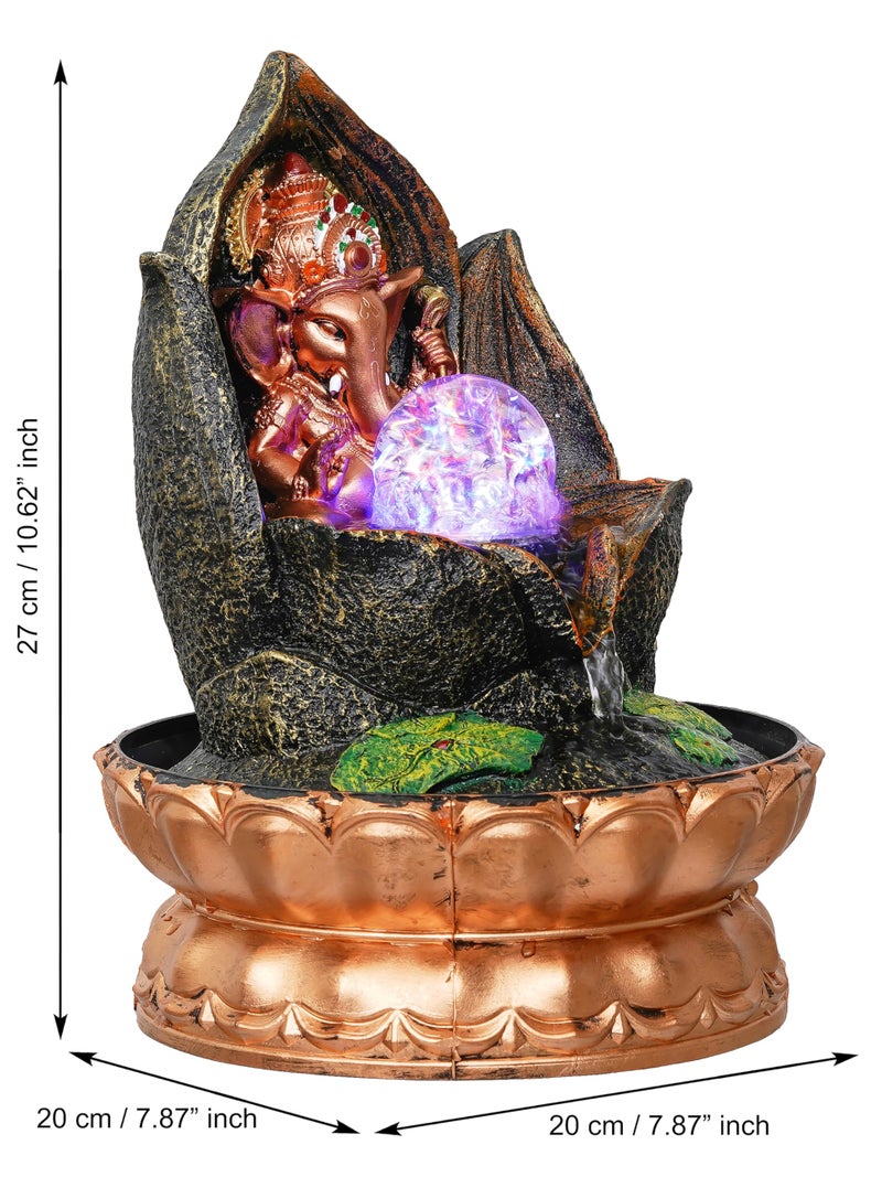 CHRONIKLE Golden Brown Polyresin Tabletop Lord Ganesha Indoor Waterfall Fountain for Home Decor with Multicolor LED, Speed ​​Control Pump and Crystal Ball (Size: 20 x 20 x 29 CM | Weight: 1040 Gram) - Image 2