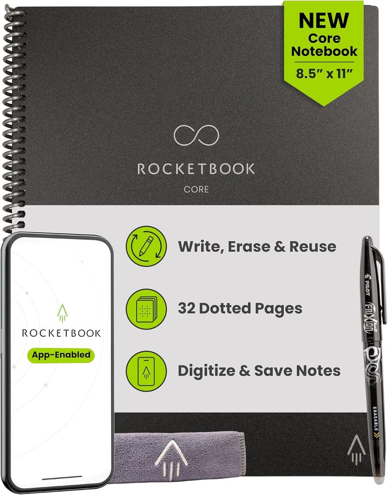 Rocketbook Core Reusable Smart Notebook, Dot Grid Pages For School, Work and Creative Projects, Letter Size 8.5x11, Black - Premium - Image 1