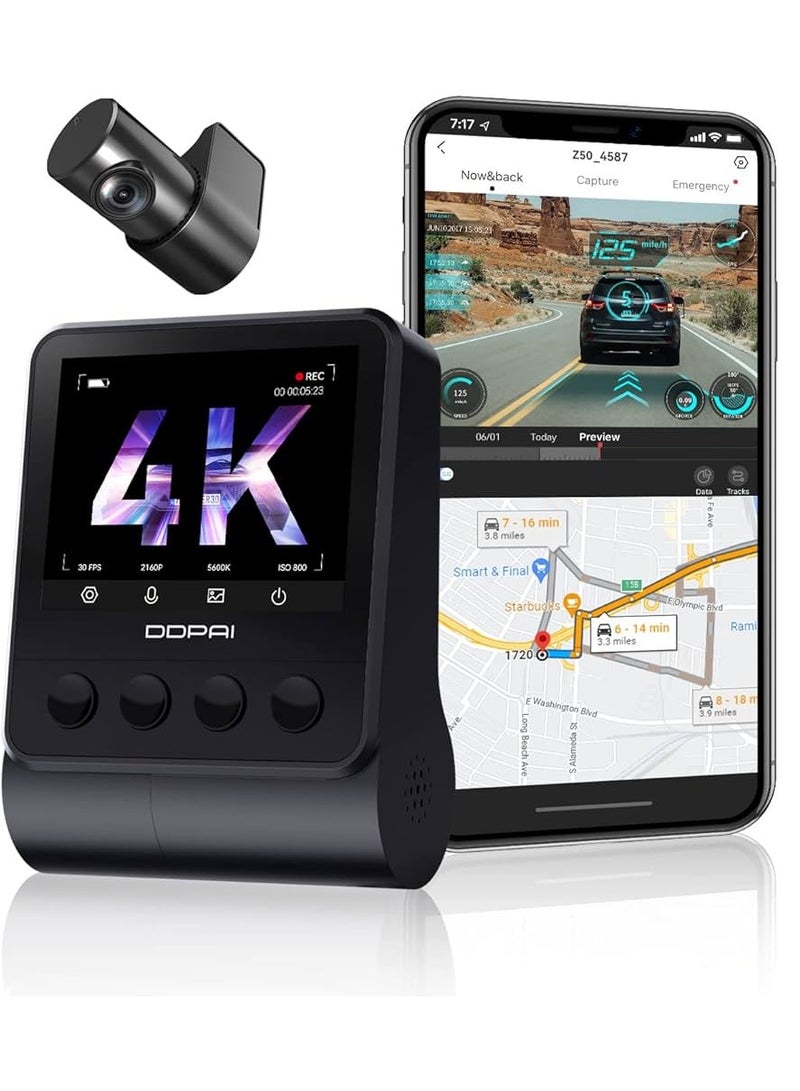 DDPAI Z50 4K Dash Cam Front and Rear, Built-in GPS WIFI 2160P Front 1080P Rear Daul Dash Camera for Cars Sony IMX415 Sensor Super Night Vision Dual Storage Design 24H Parking Mode G-Sensor Z50-GPS - Image 1