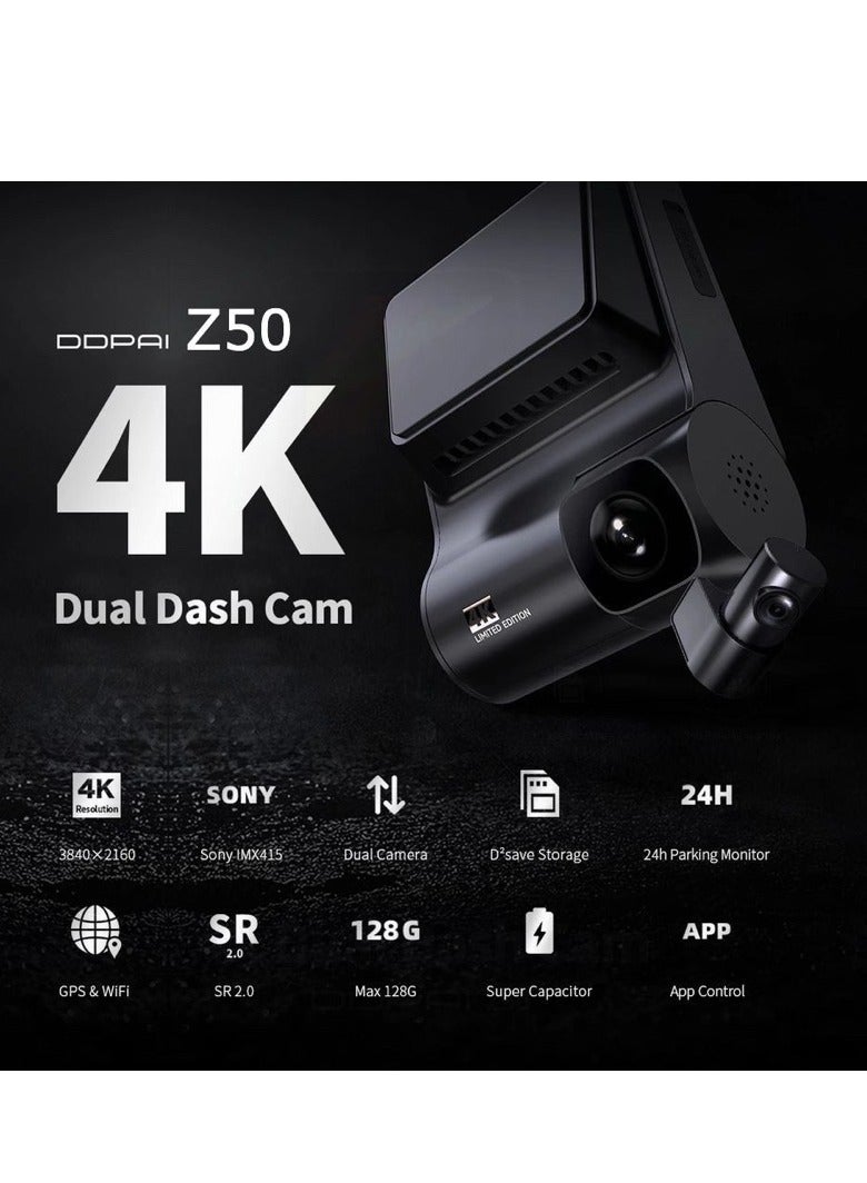 DDPAI Z50 4K Dash Cam Front and Rear, Built-in GPS WIFI 2160P Front 1080P Rear Daul Dash Camera for Cars Sony IMX415 Sensor Super Night Vision Dual Storage Design 24H Parking Mode G-Sensor Z50-GPS - Image 3
