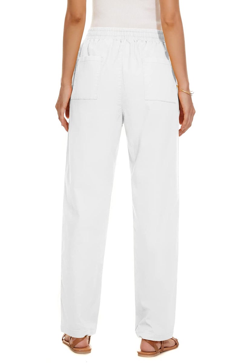 YOCUR Womens Casual Elastic High Waisted Pants Cotton Straight Leg Drawstring Trousers White S - Image 2