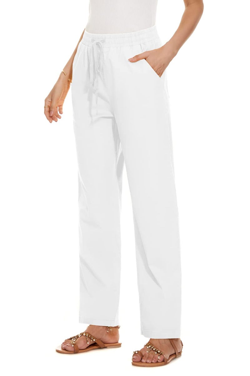 YOCUR Womens Casual Elastic High Waisted Pants Cotton Straight Leg Drawstring Trousers White S - Image 3