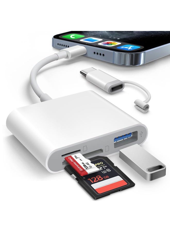 AkHolz SD Card Reader for iPhone iPad, Dual Lightening & USB-C Connector SD Card Adapter with SD MicroSD USB-A 3 Slots, Trail Game Camera Memory Card Viewer, Portable No App Required Plug and Play - Image 1
