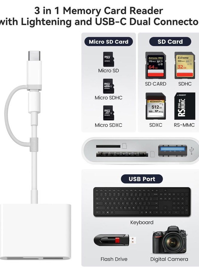 AkHolz SD Card Reader for iPhone iPad, Dual Lightening & USB-C Connector SD Card Adapter with SD MicroSD USB-A 3 Slots, Trail Game Camera Memory Card Viewer, Portable No App Required Plug and Play - Image 2
