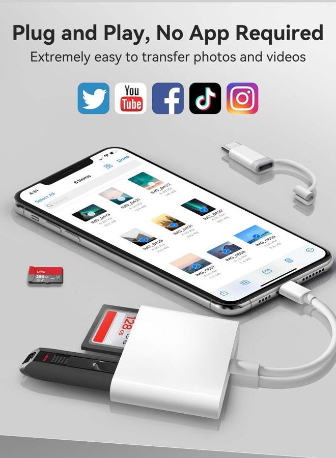 AkHolz SD Card Reader for iPhone iPad, Dual Lightening & USB-C Connector SD Card Adapter with SD MicroSD USB-A 3 Slots, Trail Game Camera Memory Card Viewer, Portable No App Required Plug and Play - Image 3