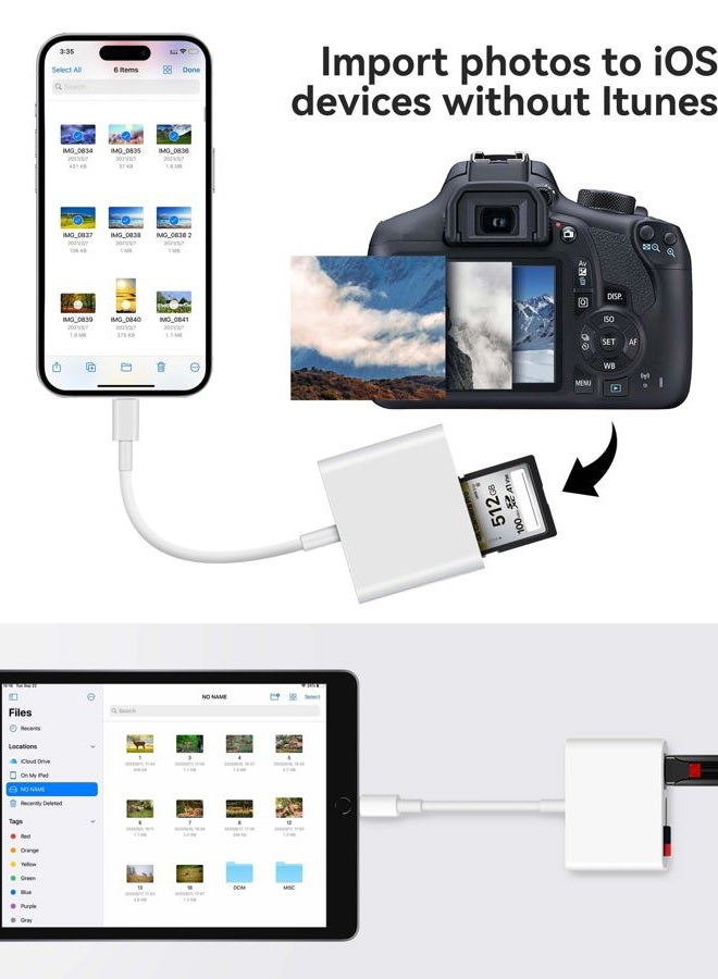 AkHolz SD Card Reader for iPhone iPad, Dual Lightening & USB-C Connector SD Card Adapter with SD MicroSD USB-A 3 Slots, Trail Game Camera Memory Card Viewer, Portable No App Required Plug and Play - Image 4