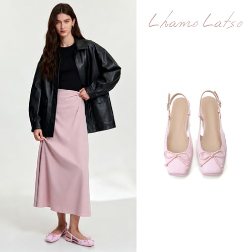 Lhamo Latso Pink Ballet Flats 1 Inch Low Block Heel Comfortable Ballerina Flat Bow Dressy Flats Shoes for Women Slingback Flat Satin 9.5 - Image 2