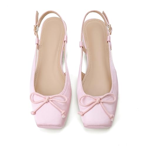 Lhamo Latso Pink Ballet Flats 1 Inch Low Block Heel Comfortable Ballerina Flat Bow Dressy Flats Shoes for Women Slingback Flat Satin 9.5 - Image 1