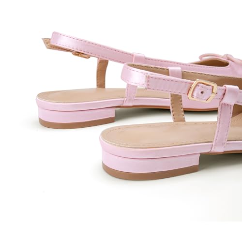 Lhamo Latso Pink Ballet Flats 1 Inch Low Block Heel Comfortable Ballerina Flat Bow Dressy Flats Shoes for Women Slingback Flat Satin 9.5 - Image 5