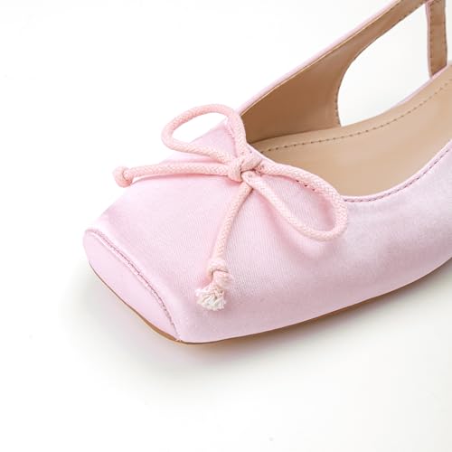 Lhamo Latso Pink Ballet Flats 1 Inch Low Block Heel Comfortable Ballerina Flat Bow Dressy Flats Shoes for Women Slingback Flat Satin 9.5 - Image 4