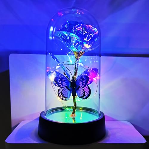 JZILU Forever Rose for Women Mom Wife,Mothers Day Forever Rose Gift Ideas,Galaxy Rose Flower Light Up in Glass Dome, Eternal Roses Birthday Butterfly Gifts for Women - Image 1