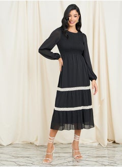 Smocked Lace Detail Tiered Midi Dress