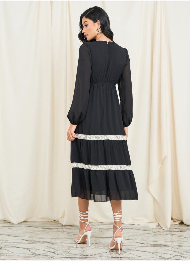 Styli - Smocked Lace Detail Tiered Midi Dress - Image 1