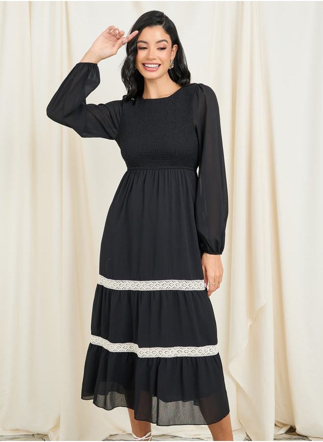 Styli - Smocked Lace Detail Tiered Midi Dress - Image 1