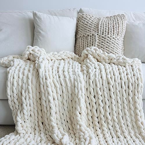 Maetoow Chenille Chunky Knit Blanket Throw （50×60 Inch）, Handmade Warm & Cozy Blanket Couch, Bed, Home Decor, Soft Breathable Fleece Banket, Christmas Thick and Giant Yarn Throws，Cream - Image 1