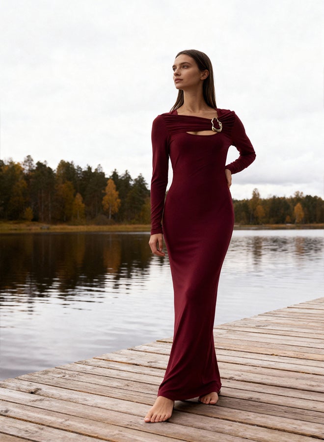trendyol Burgundy Cut Out and Accessory Detail Bodycon Stretchy Maxi Knitted Dress - Image 1