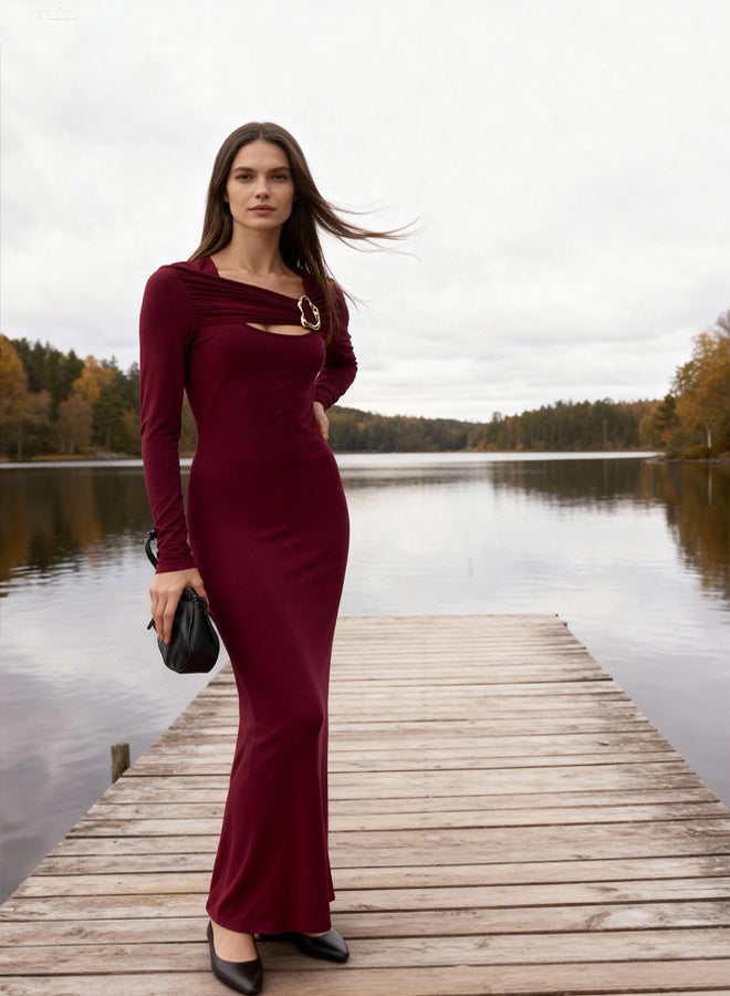 trendyol Burgundy Cut Out and Accessory Detail Bodycon Stretchy Maxi Knitted Dress - Image 2