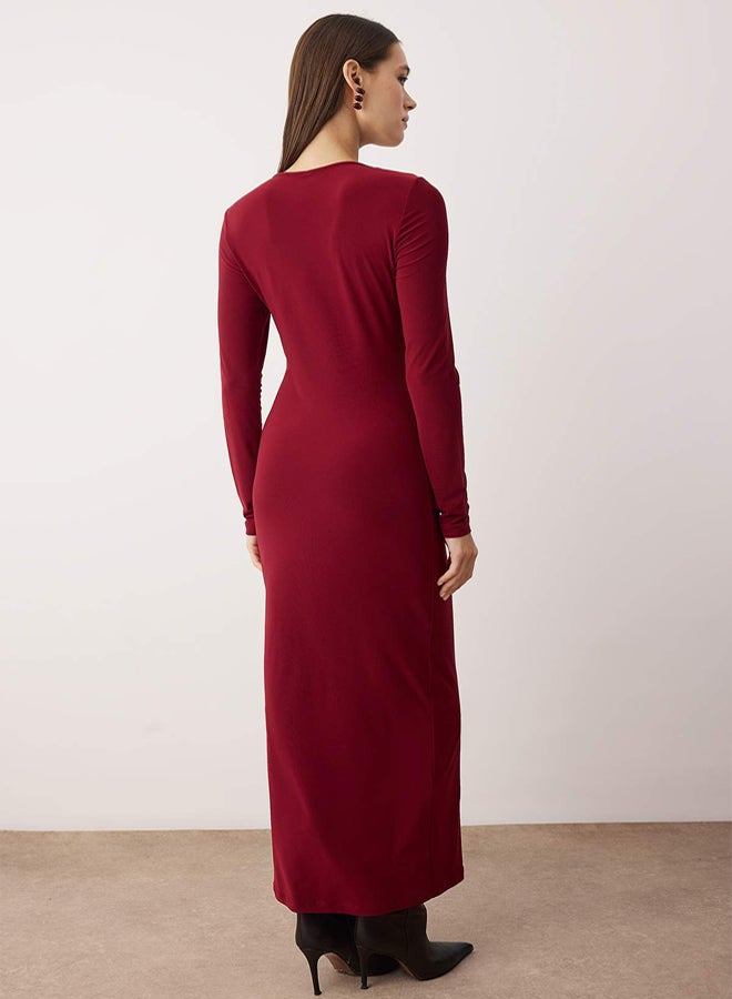 trendyol Burgundy Cut Out and Accessory Detail Bodycon Stretchy Maxi Knitted Dress - Image 5