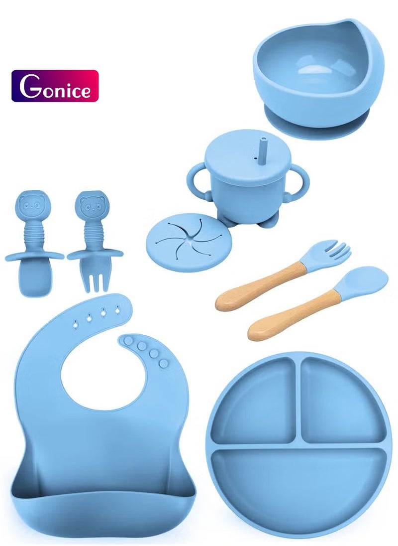 Gonice Baby Feeding Set, 9 Pcs Baby Tableware Set, Food grade Silicone Squirrel Baby Cutlery and Plates Set, Non-Slip Infant Dinnerware Set, Baby Self Feeding Utensils  - Image 1