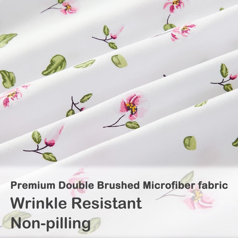 Mooreeke Full Sheets Set - 4 Pieces Soft Breathable Microfiber Bed Sheet Set - Pink Flower Green Leaf Pattern Sheet Set - Deep Pocket Non-Slip Floral Printed Fitted Sheet Included for All Season - Image 2