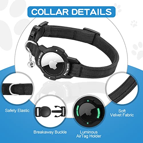 OUCWLTAG Luminous AirTag Cat Collar Breakaway, OUCWLTAG GPS Cat Collar with Apple Air Tag Holder, Cat Tracker Collars with Safety Elastic Band for Girl Boy Cats, Kittens and Puppies (Black, 9-13 Inch) - Image 2